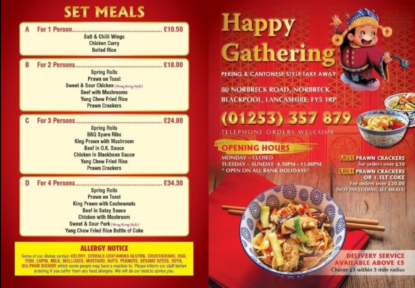 Takeaway Restaurant Menu Page - Happy Gathering Peking and Cantonese Take away - Thornton-Cleveleys